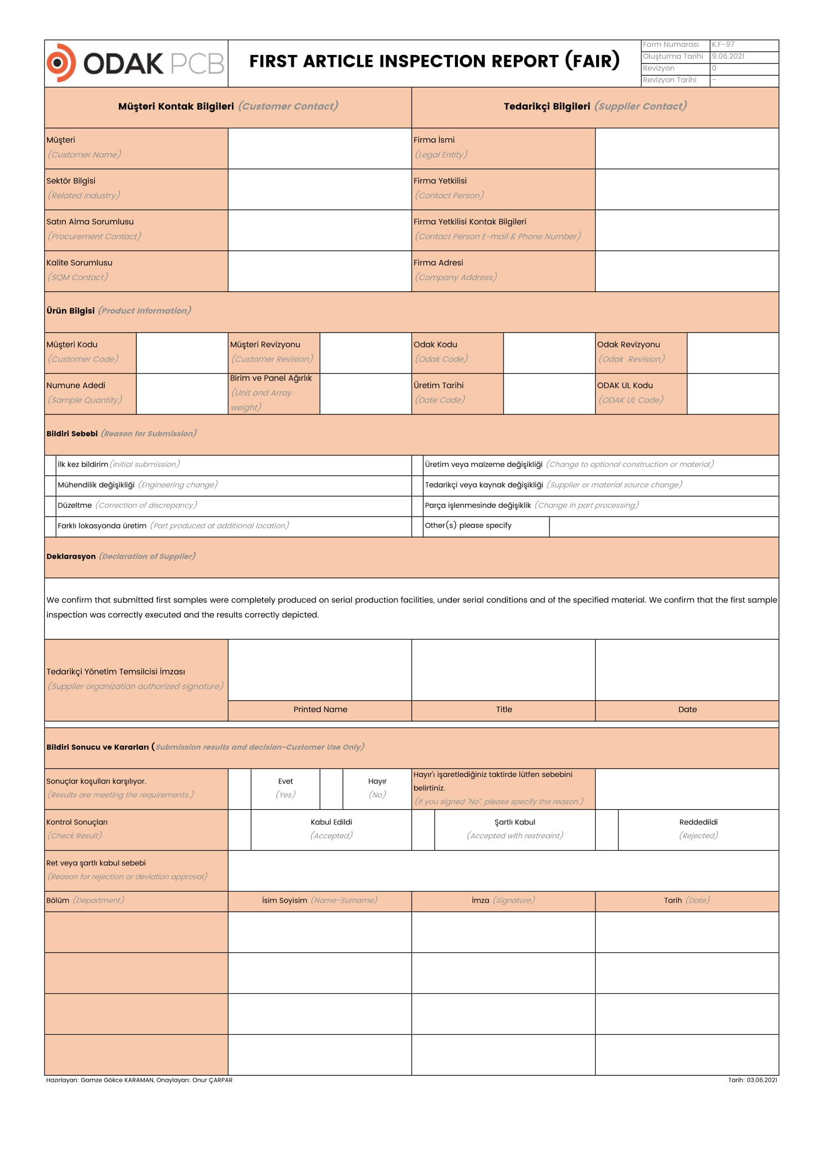 First Article Inspection Report (FAIR)